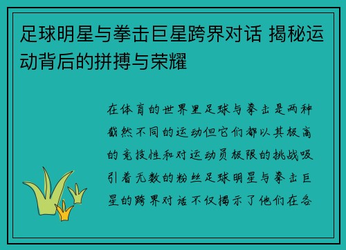 足球明星与拳击巨星跨界对话 揭秘运动背后的拼搏与荣耀